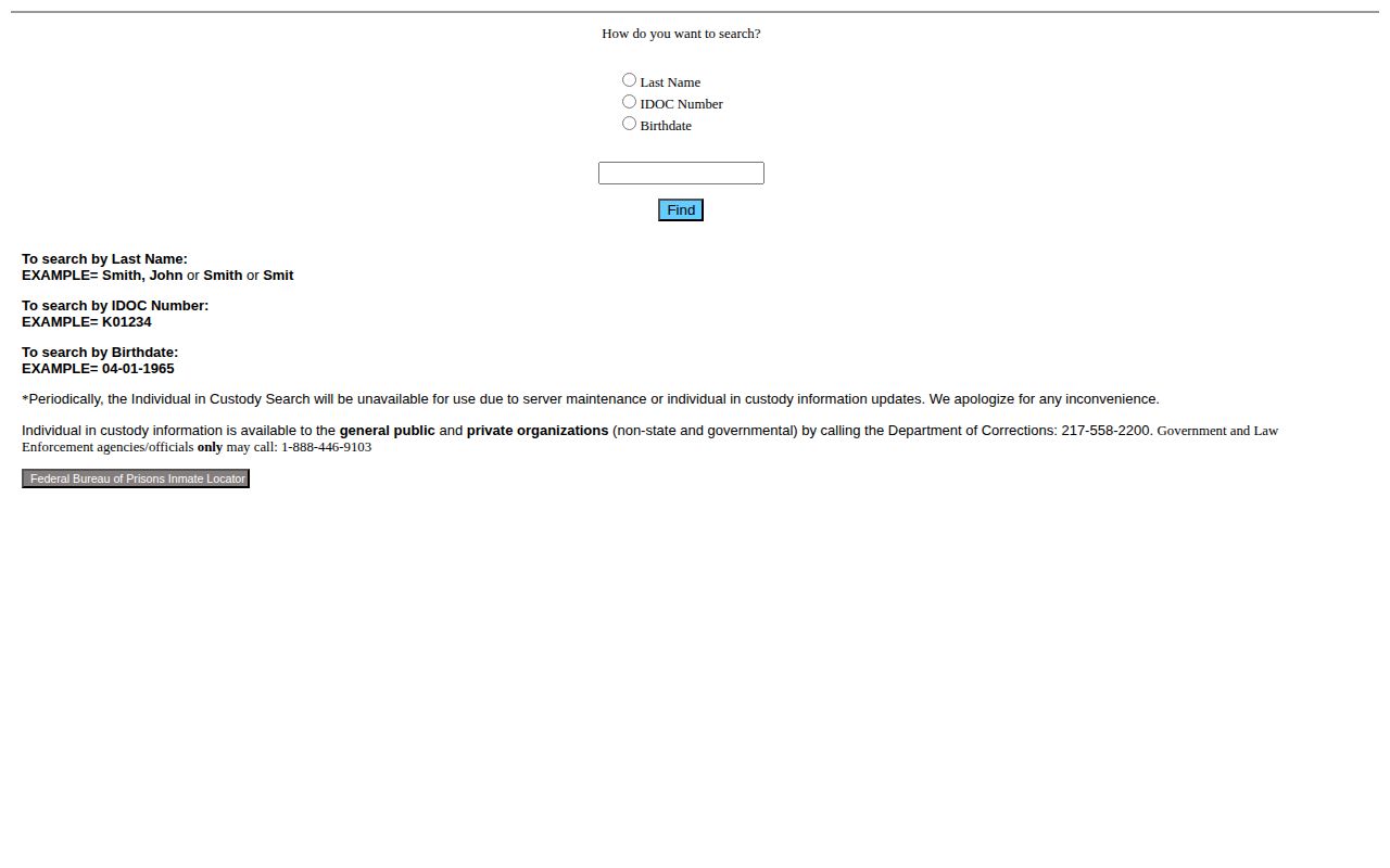 Illinois Department of Corrections person search form used for McDonough County cases