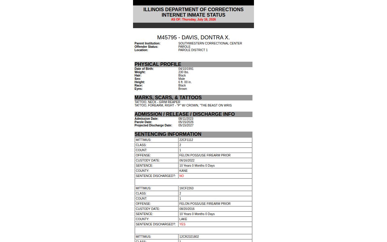 IDOC parole record showing actual parole date and district