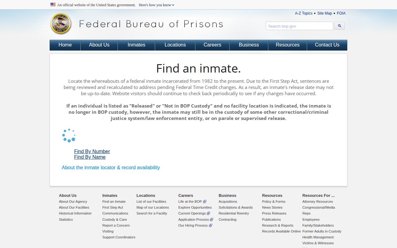 Federal Bureau of Prisons inmate locator search form